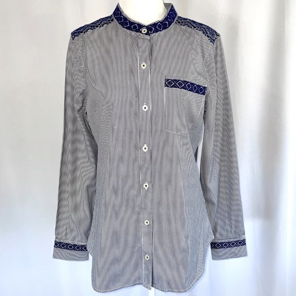 New C Wonder Embroidered Striped Collarless Button Down Shirt Indigo Size XS - Picture 2 of 16